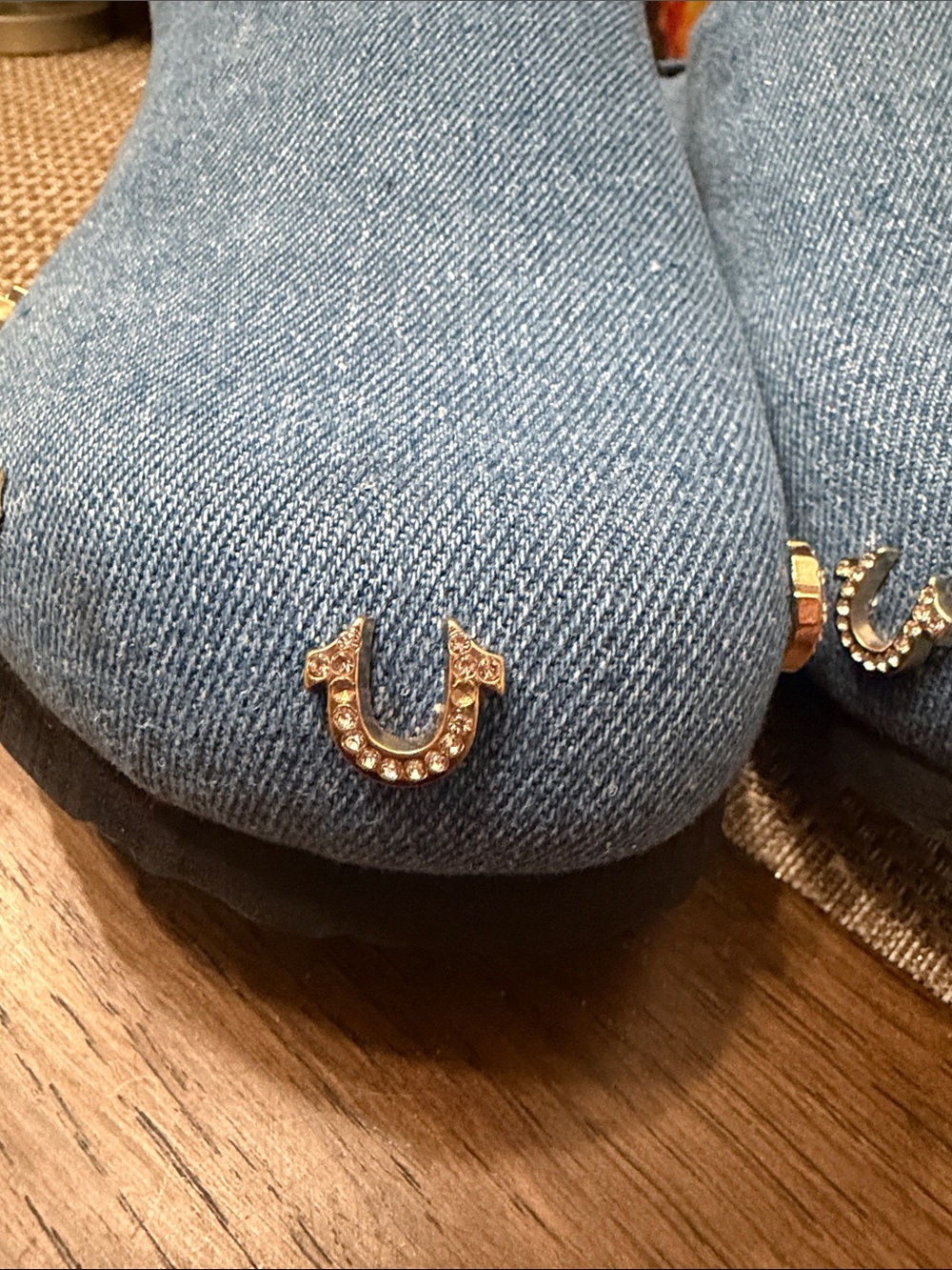 True Religion Denim Blue Slip-On Mules with Horseshoe Studs - Picture 5 of 17